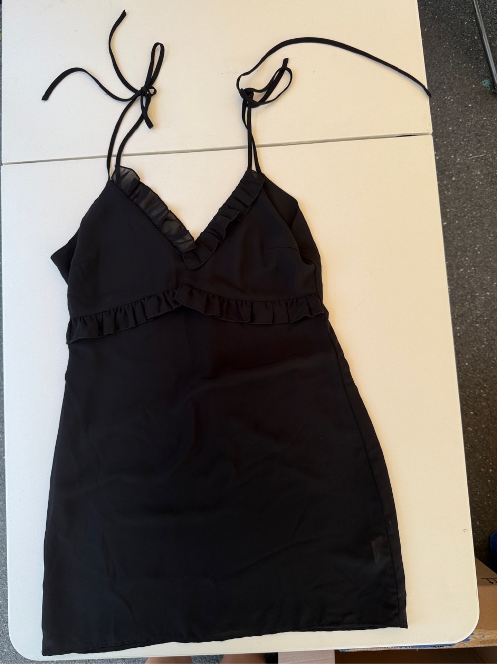 Etiquette Clothiers Black Ruffle Trim Mini Dress